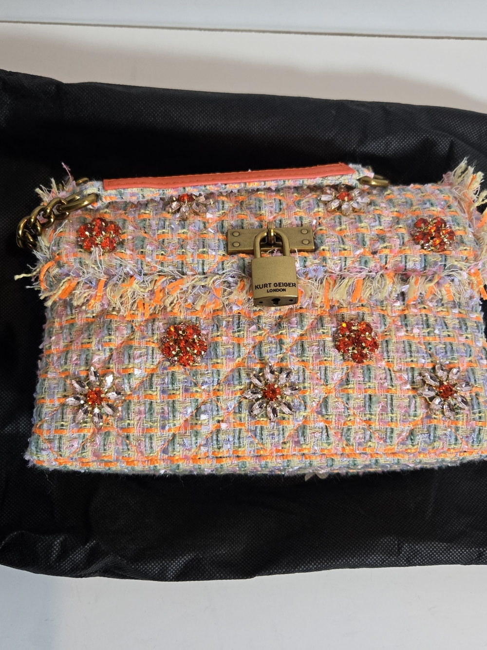 Kurt Geiger Pink and Orange Tweed Shoulder Bag with Crystal Flowers